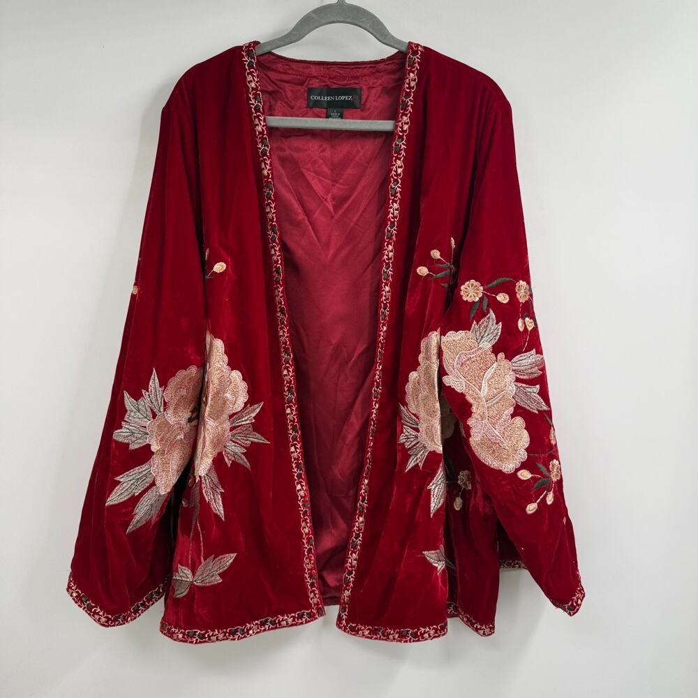 Colleen Lopez Velvet Embroidered Kimono Jacket Sz L Red Floral Open Front Lined